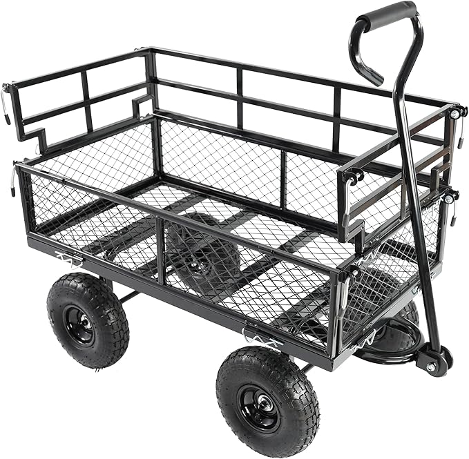 Steel Garden Cart 400 lbs Capacity Heavy Duty Garden Wagons,with Removable Steel Mesh Sides to Convert into Flatbed,Utility Metal Wagon w/ 180°Rotating Handle (Black-Pneumatic-Double Height)