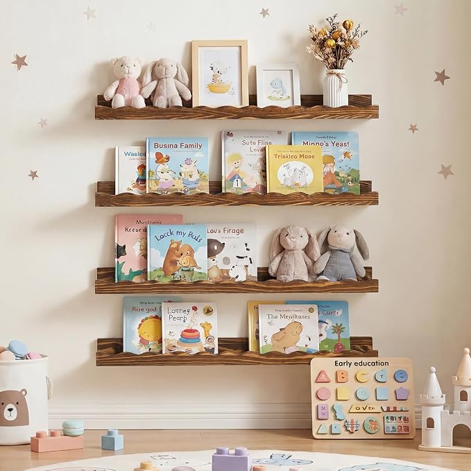 Fun Memories Picture Ledge Shelf for Wall, 24 inch Pine Wood Nursery Book Shelves Set of 2- Wall Book Shelves for Kids Room, Home Decor - Kitchen Spice-Carbonized