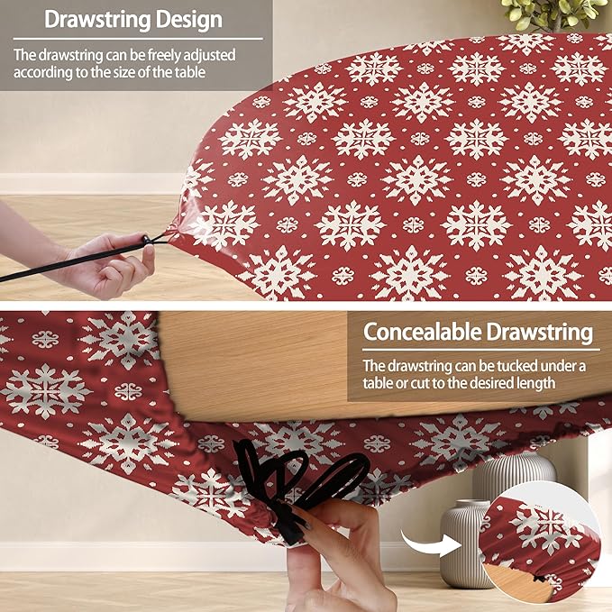 Fitted Christmas Round Tablecloth Waterproof Table Cloth Vinyl Indoor Outdoor Circle Cover for 36-44" Table Dining Living Room Kitchen Western Home Party Decor Gift Festival Family Essential