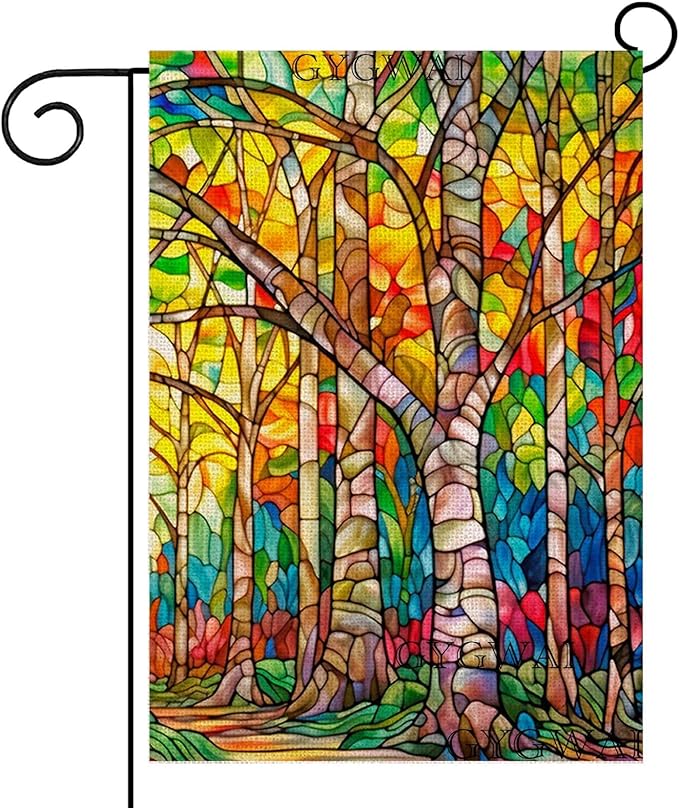 Fall Trees Garden Flag Glass Style 12x18 Inch Double Sided Small Burlap Autumn Seasonal Holiday Decoration for Outside Yard