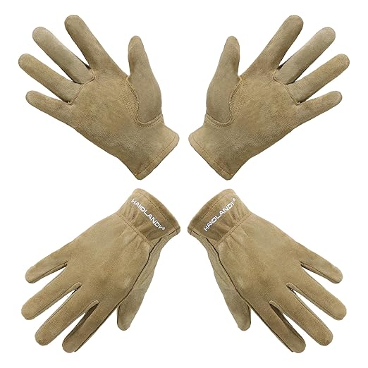 HANDLANDY 2 Pairs Kids Genuine Leather Gardening Gloves for age 2-9, Children Work Gloves for Boys, Girls, Toddlers (Khaki, L)