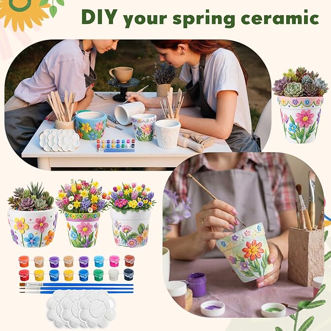 Zubebe 12 Pcs Spring Paint Your Own Flower Plaster Pots Bulk Unfinished Succulent Pots Painting Kit with Drainage Hole Mini Paintable Plant Vase Ready to Paint Planter for Spring Mother DIY Craft