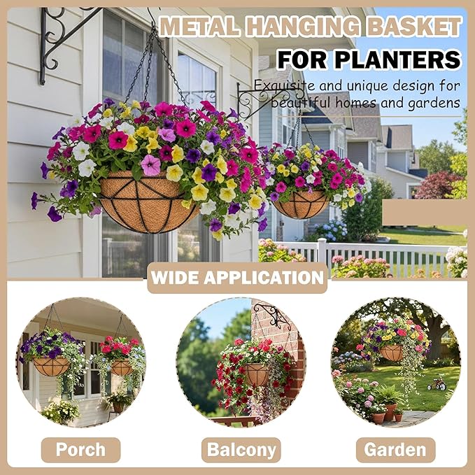 Hanging Baskets for Outdoor Plants (12 inch 4 Pack) Black Metal Wire Flower Basket Coconut Coir Hanging Planters with Chain Indoor Plant Holder for Patio Garden Balcony