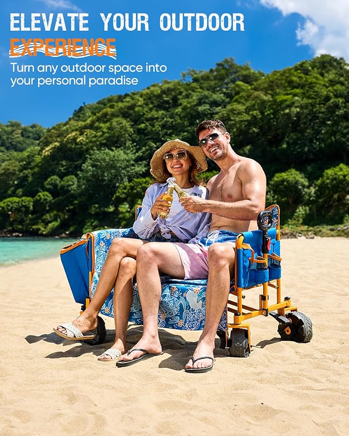 Old Bahama Bay 500lbs Love-Seat Wagon 3-in-1 Bench Wagon Seat for 2 Adults & Heavy Duty Utility Cart, 31L Detachable Cooler Bag, Adjustable Handle &Cup Holders,Perfect for The Beach, Sport, Camping