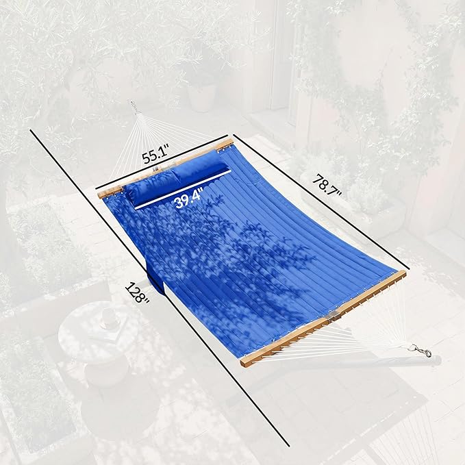 Outsunny Outdoor Hammock, 2-Person Hammock with Head Pillow and Pad, Wood Spreader Bars, 440 lbs Capacity, for Patio Yard Garden, 128" x 55", Navy Blue