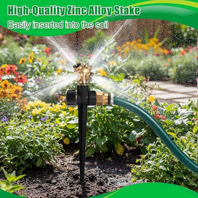Tioncy 4 Pack Metal Lawn Sprinkler with Brass Nozzle, Heavy Duty Garden Spike Sprinkler Automatic Irrigation Tool for Lawn Garden Yard Greenhouse(Multi Nozzle,Black)