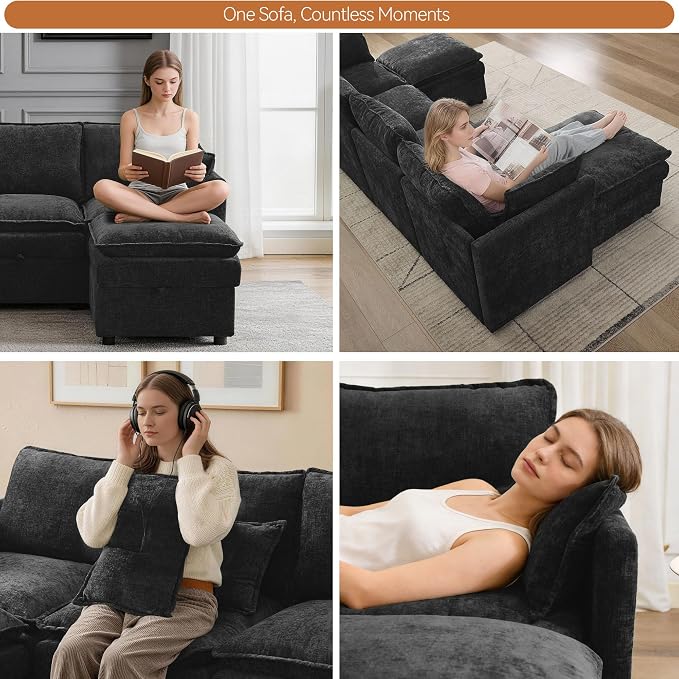 30" Modular Storage Single Sofa, Deep Seat Cloud Accent Chair, Oversized Storage Cloud Chair, Modern Chenille Reading Chair for Living Room, Apartment, Bedroom, Small Space, Black