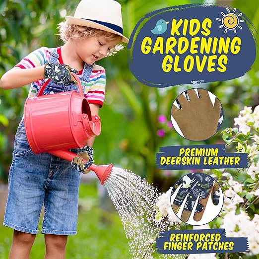 HANDLANDY Kids Genuine Leather Gardening Gloves for age 2-9, Children Work Gloves for Boys, Girls, Toddlers (Blue, S)