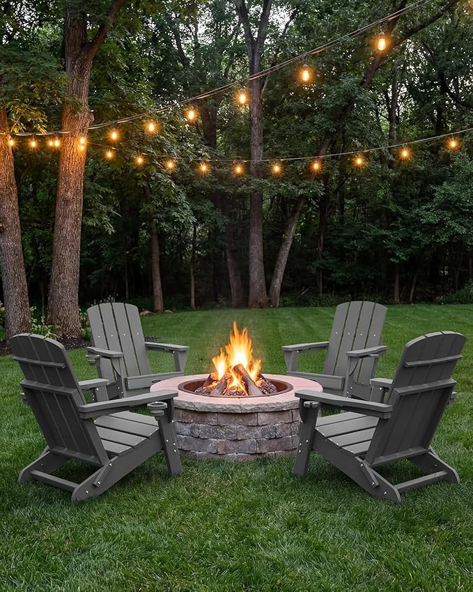 Folding Adirondack Chair 6 Pack, HDPE All-Weather Fire Pit Chairs, Plastic Adirondack Chairs with 2 Cup Holder, Outdoor Lawn Chair for Patio Garden (Grey)