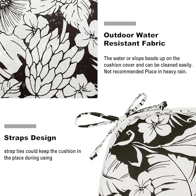 DYTXIII Set of 4 Outdoor Chair Cushions with Ties,Water Repellent Patio Chair Pads 17"x 16" for Outdoor Furniture,Round Corner Seat Cushions for Garden Yard Kitchen Tropical Blossom Noir