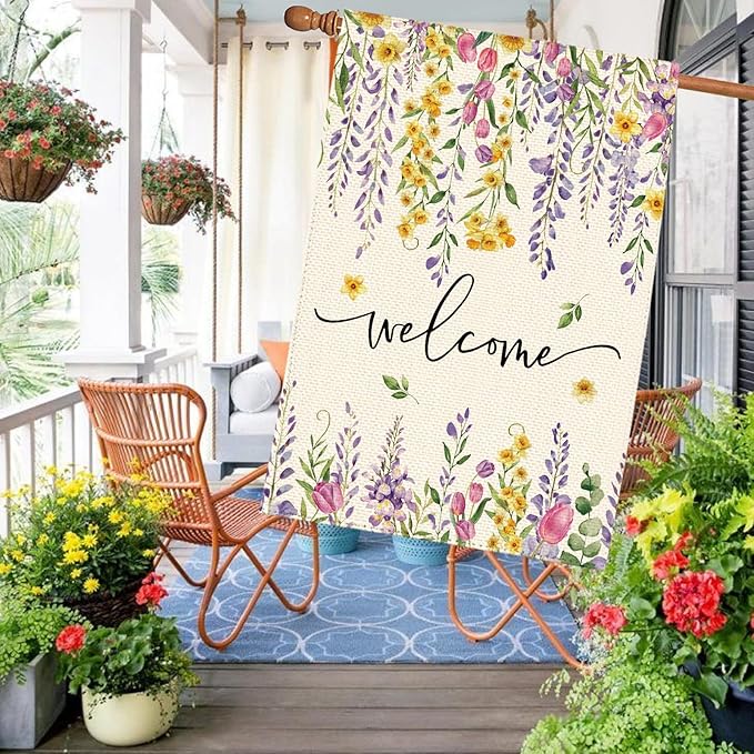 Spring Summer Wisteria Wildflowers Welcome House Flag 28 x 40 Inch Double Sided, Daffodils Floral Large Yard Garden Flags Holiday Farmhouse Flags for Patio Outdoor Outside Decoration