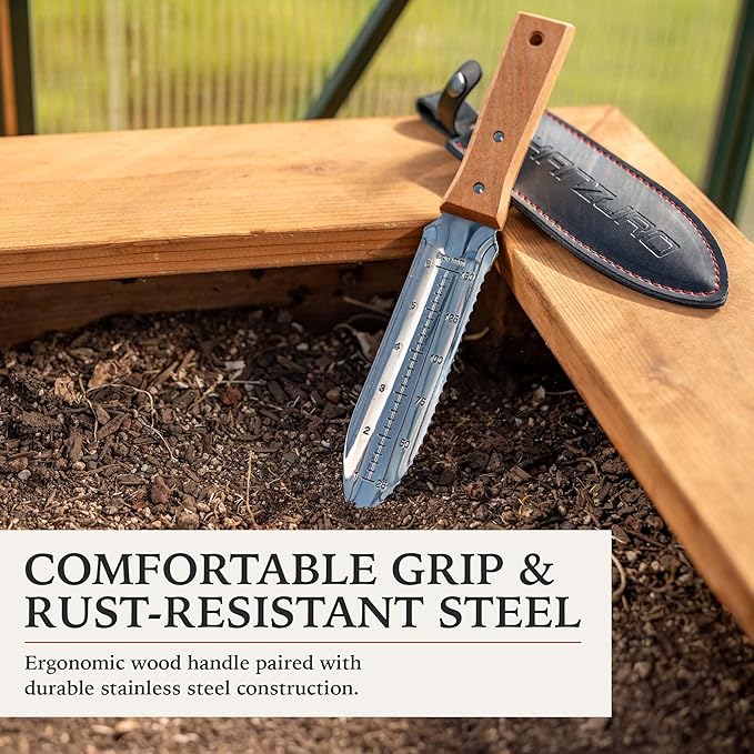 Hori Hori Garden Knife - Japanese Style Weeding & Digging Knife with Stainless Steel Blade, Depth Markings, Wooden Handle & Protective Sheath - Silver