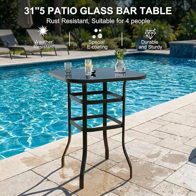GarveeHome Outdoor Patio Bar Table, 31.5 Inch Tempered Glass Bistro High Top Table with All Weather Metal Frame for Deck, Porch, Poolside, Garden