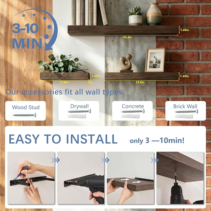 Smoke Gray Floating Shelves for Bathroom, 12 Inch Wall Set of 3 | Above Toilet Storage Shelves, Easy Install, Easy-Clean, 33lbs Max Load, Hidden Brackets, Bedroom Living Room Kitchen Decor