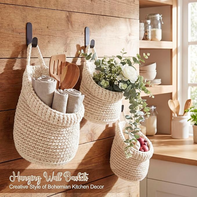 Honeydak 3 Hanging Baskets, White, Barrel, Cotton Rope | Wicker Wall Baskets with Hooks for Fruit Vegetable Onion Storage, Teardrop Organizer for Kitchen, Boho Farmhouse Decor