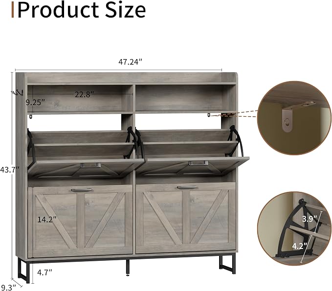 Xixini Shoe Storage Cabinet with 4 Flip Drawers, Entryway Shoe Rack, Grey