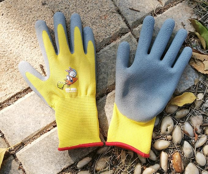 KDK Ages 8-10 Kids Gardening Gloves,Yard Work Gloves for Toddlers, Youth, Girls, Boys, Childrens, Soft Safety Rubber Gloves (XXXS Age 8-10, 1 Pair Yellow Rabbit Carrot)