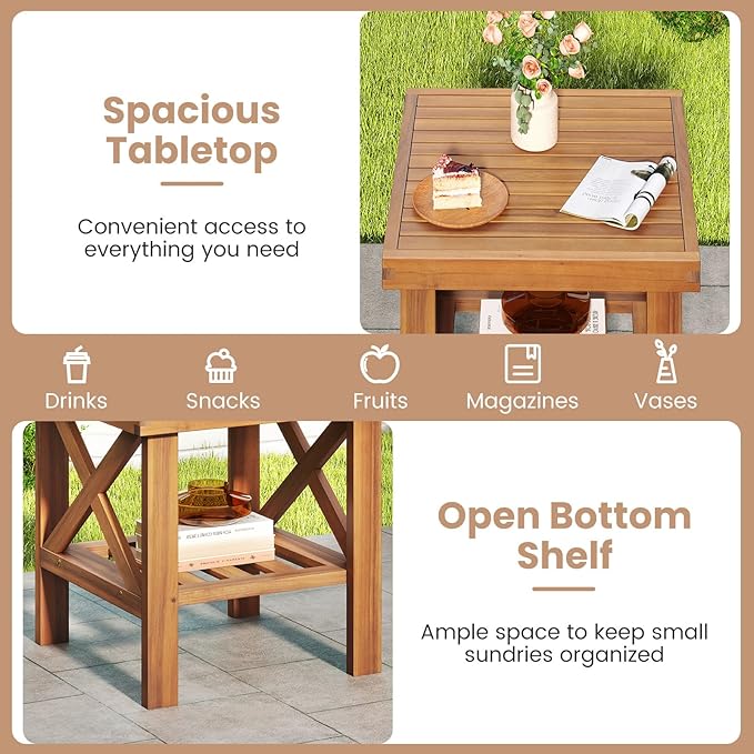 Tangkula Outdoor Side Table, 2-Tier Acacia Wood Adirondack Bistro Table with Slatted Tabletop & Storage Shelf, Small Square Patio Table for Yard, Deck, Garden, Poolside (1)