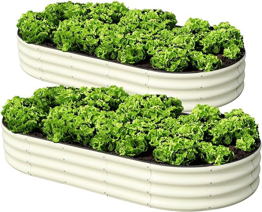 SnugNiture 2 Pcs 6x3x1ft Raised Garden Bed Kit, Outdoor Oval Metal Garden Planter, Ground Planter Box for Gardening Vegetables Flowers, White