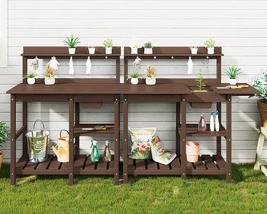 SERWALL Outdoor Potting Bench 2-Piece Set, Rot-Resistant HDPE Potting Table with Removable Sink for Outside Gardening, All-Weather Use - Coffee