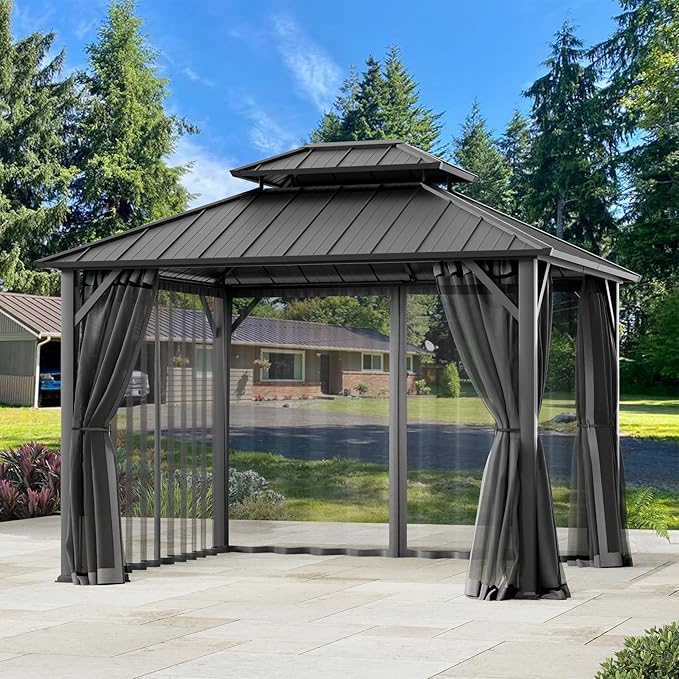 Covered Outdoor Universal Gazebo Mosquito Netting 10'x10' Replacement, 4-Panel Screen Walls with Double Zipper for Outdoor PatioCanopy Garden Gazebos, Dark Gray and Black