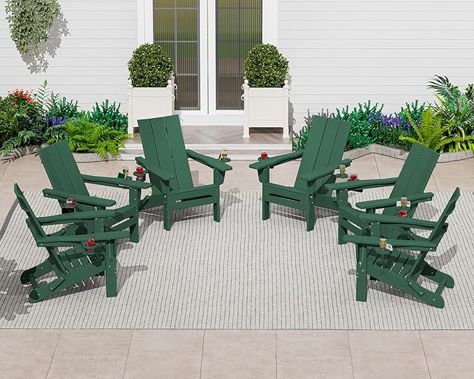 SERWALL Modern Adirondack Chair, Folding Adirondack Chair with Dual Cup Holders, Outdoor HDPE Fire Pit Chair for All Weather Use, Green