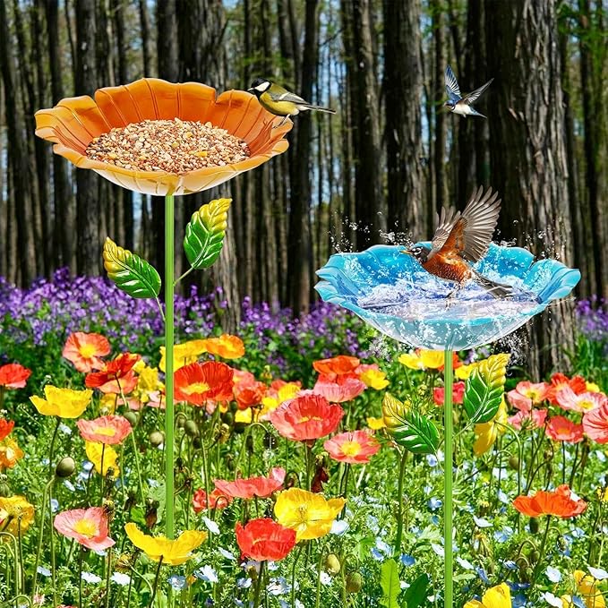 2 Pack Bird Baths for Outdoors, Colorful Metal Bird Bath for Outside, Hummingbird Bath with Five Stakes, Garden Flower Small Birdbath for Garden Decor, 31.3" H x 10.63" Dia (Blue,Yellow)