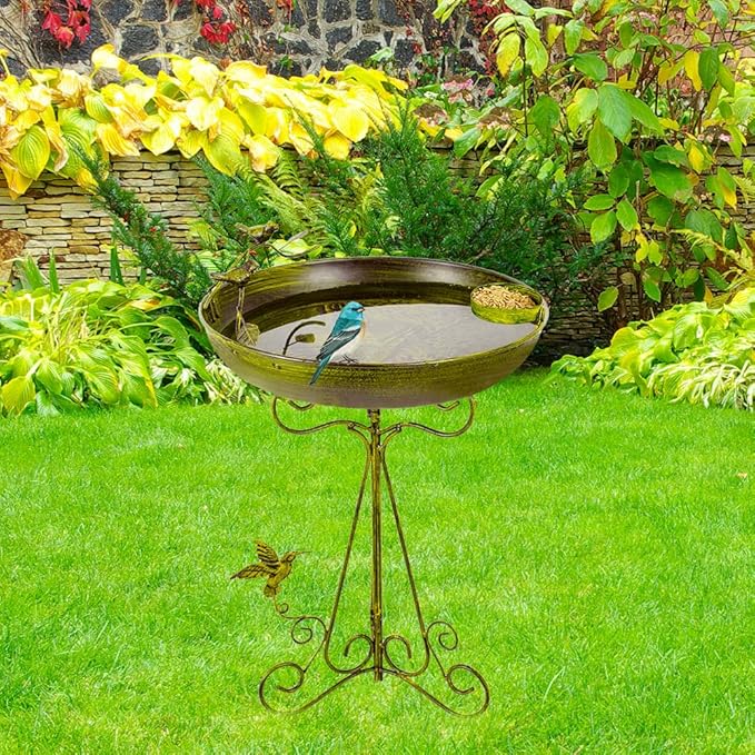 VEWOGARDEN Metal Bird Bath for Outside Garden Vintage Standing Birdbath with Folding Bracket for Yard Patio Lawn Decor, Green