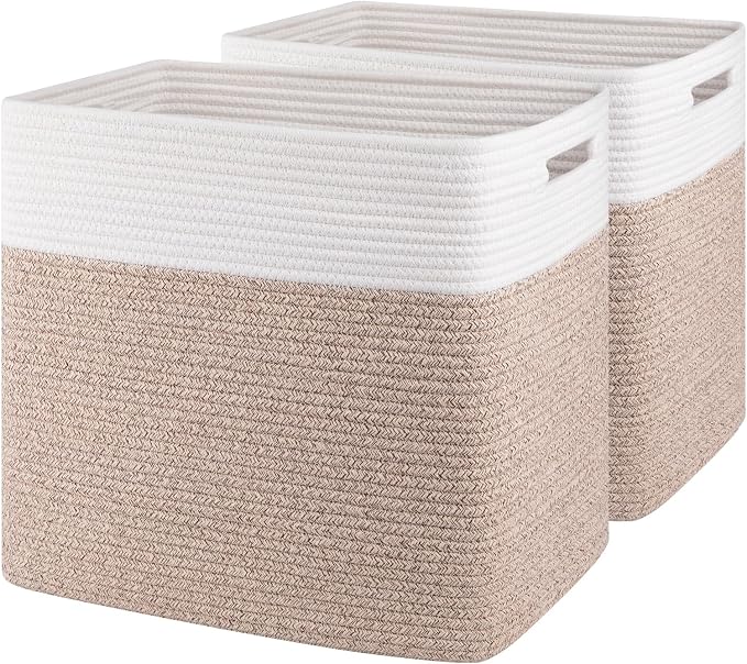 OIAHOMY 2 PACK Tall Storage baskets 55L Blanket Basket Living Room Brown | Large Collapsible Storage Bins Narrow Basket Baskets for Closet Organization Storage Baskets for Shelves Toy Storage Basket