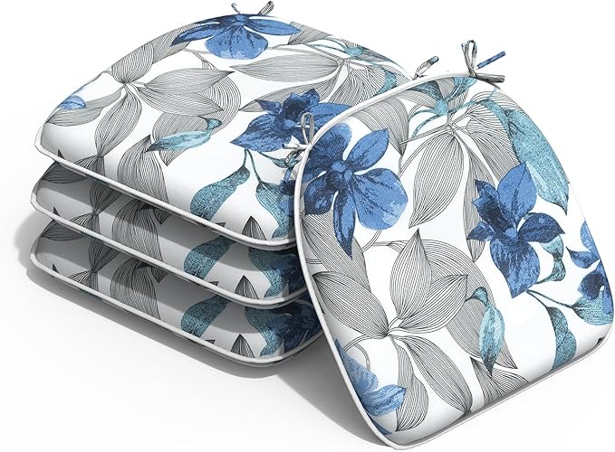 Outdoor Chair Cushions Set of 4, Water Resistant Patio Chair Pads with Ties, Seat Cushions for Home Garden Furniture Decoration, 16"x17", Clemens Noir Blue