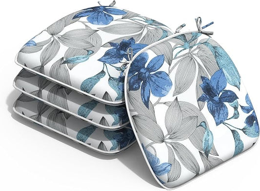 Outdoor Chair Cushions Set of 4, Water Resistant Patio Chair Pads with Ties, Seat Cushions for Home Garden Furniture Decoration, 16"x17", Clemens Noir Blue