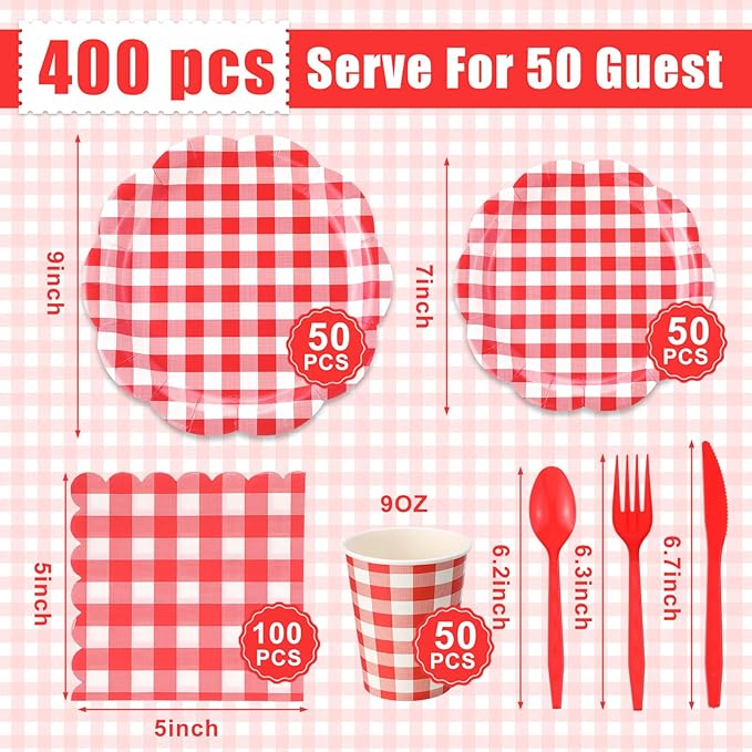 Funnymoom 400 Pcs Gingham Party Supplies for 50 Guests Red and White Paper Plates and Napkins Knives Spoon Fork Cup Disposable Checkered Dinner Party Set Cutlery for Baby Shower Wedding Favor