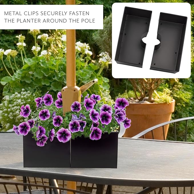AuldHome Design Umbrella Planter for Patio Table (Black Square), w/Umbrella Hole, Enamelware Rectangular Planter Pots (Pack of 2)