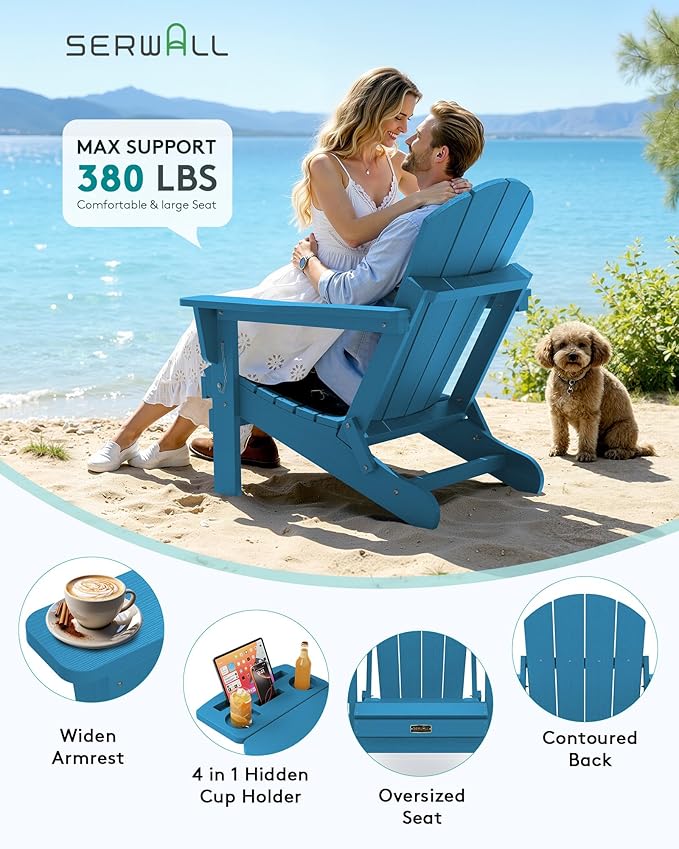 SERWALL Folding Adirondack Chair Set of 2, Outdoor Adirondack Chairs with 4 in 1 Cup Holder, Wood Texture Patio Chairs, Weather Resistant Fire Pit Chairs for Patio Deck Garden, Backyard - Navy Blue