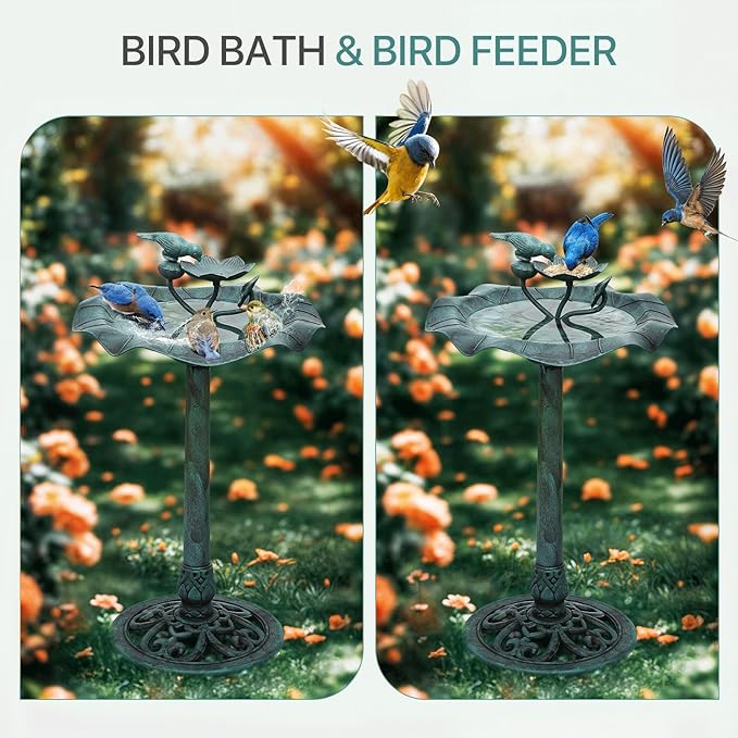 Athena Collection 35'' Height Bird Bath Vintage Pedestal Birdbath 5L Water Bird Fountain Polypropylene Lotus Accents Bird Bath Bowl Outdoor Decor 2 Tier Birdbath for Outside, Patio, Garden, Green