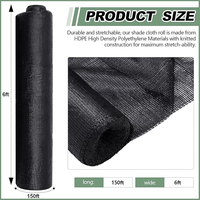 6 x 150 ft Shade Cloth Black Shade Cloth Roll for Covering Garden 70% Mesh UV Resistant Net with Ties for Patio Outdoor Greenhouse Fence Flower Plant Cover Canopy