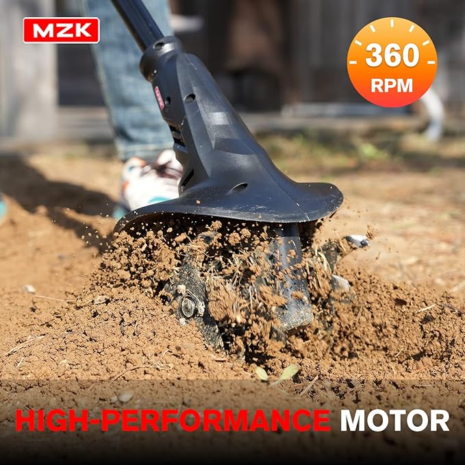 MZK 20V Cordless Tiller Cultivator with Steel Tines,8-inch Wide Battery Powered Garden Cultivator, 360RPM Electric Tiller for Lawn/Gardening/Soil Cultivation(2 * 2AH Battery&Charger Included),TC08D01
