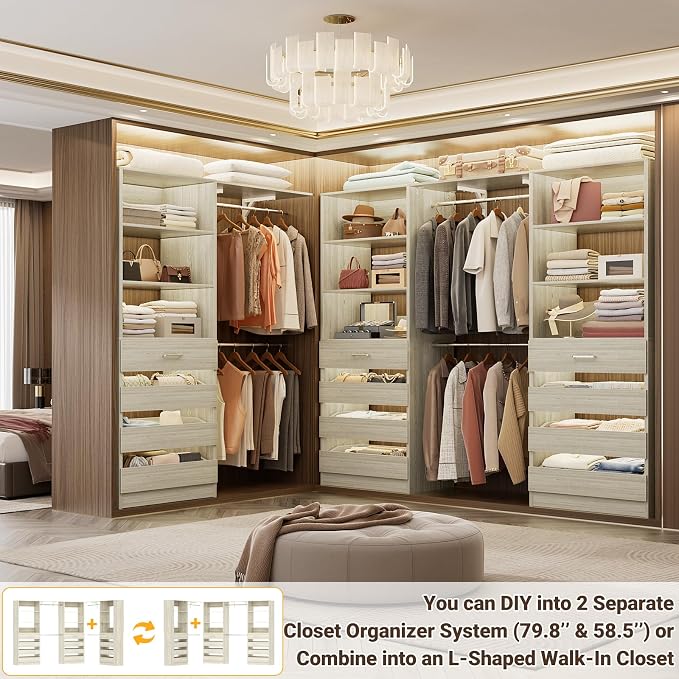Aheaplus Closet System Set of 3, 138.5" Wood Closet Organizer System Tower with 12 Drawers & 4 Hanging Rods, 6.7+4.85Ft L Shaped Walk-in Closets Wardrobe Organizer Garment Rack with Shelf, White Oak3