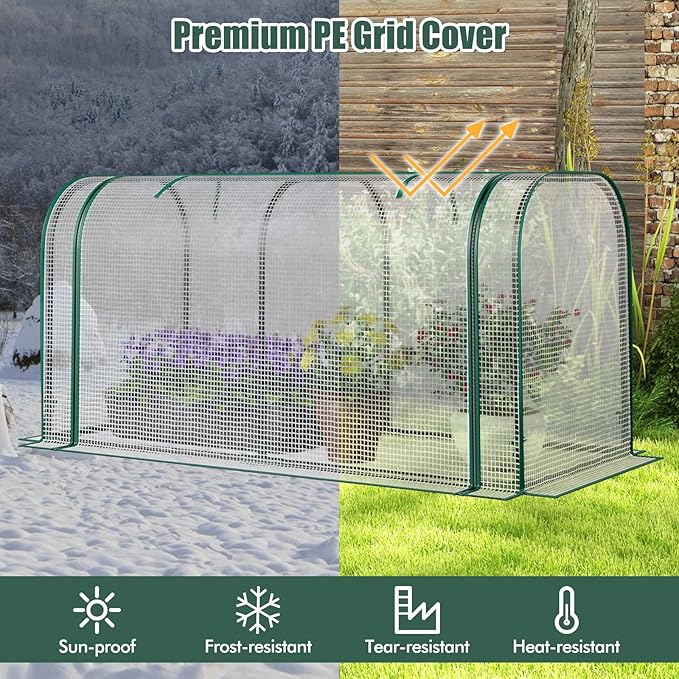 Happygrill Raised Garden Bed with Greenhouse Cover, Raised Bed with Legs & Drainage Holes for Herbs, Vegetables, Outdoor Wood Elevated Planter Box for Patio, Backyard, Balcony (White+Natural)