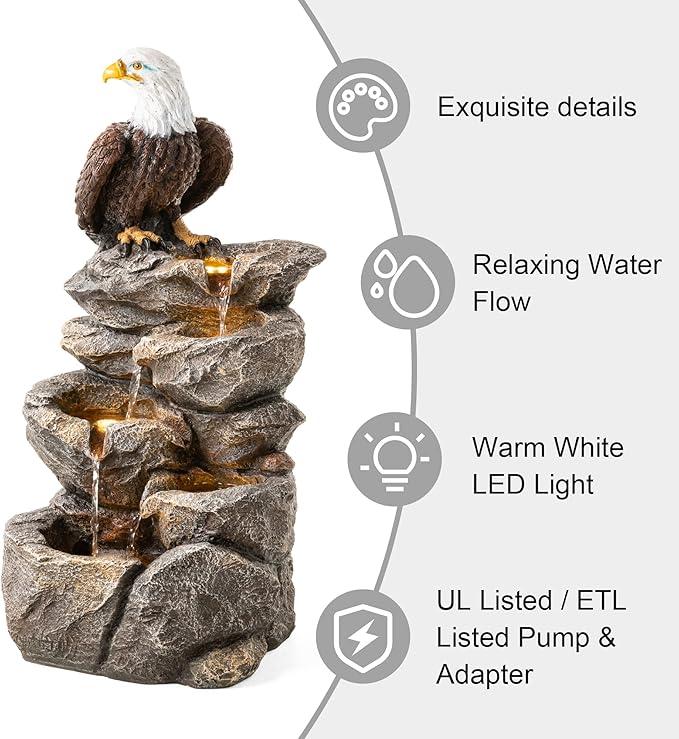 Glitzhome Outdoor Water Fountain with Lights, 4-Tiered Eagel Outdoor Fountain, 25.25" H Polyresin Decorative Waterfall Feature Garden Fountain with Pump for Garden, Patio, Yard, Deck, Porch Decor