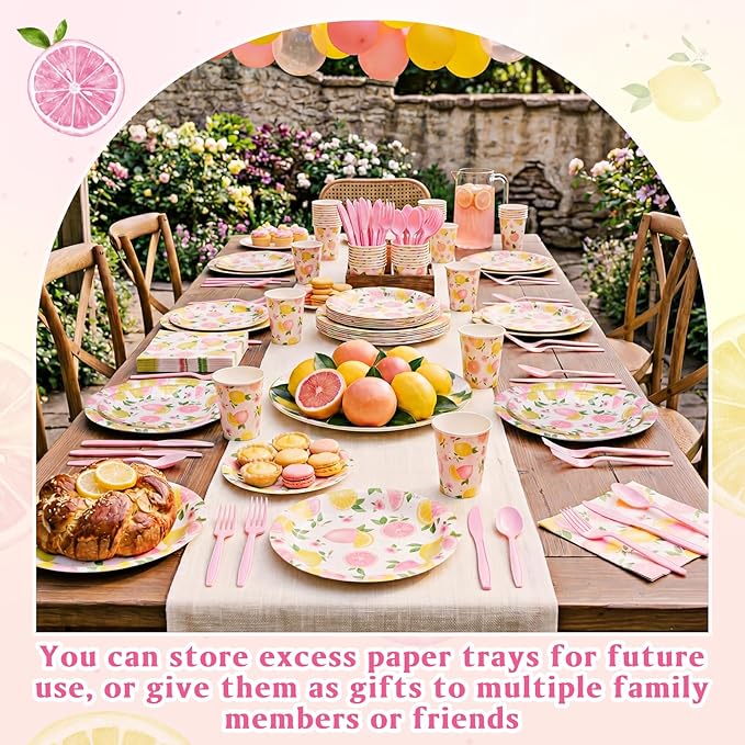 Funnymoom 400 Pcs Pink Lemon Party Supplies for 50 Guests Summer Pink Lemon Birthday Paper Plates and Napkins Knives Spoon Fork Cup Set Cutlery for Lemonade Theme Birthday Summer Bridal Shower