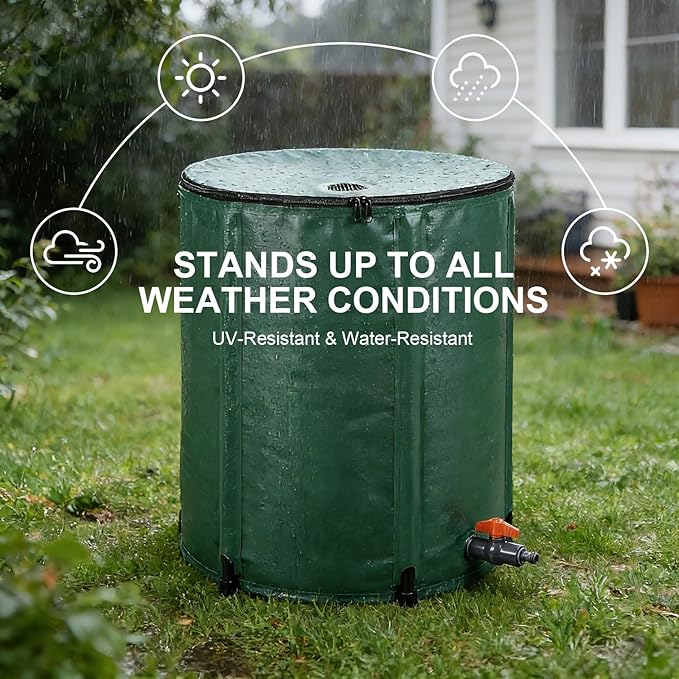 50 Gallon Collapsible Rain Barrel, Foldable Water Storage Tank, Support Rods & Drain Valve, Portable Rainwater Collection System for Garden Irrigation and Outdoor Use