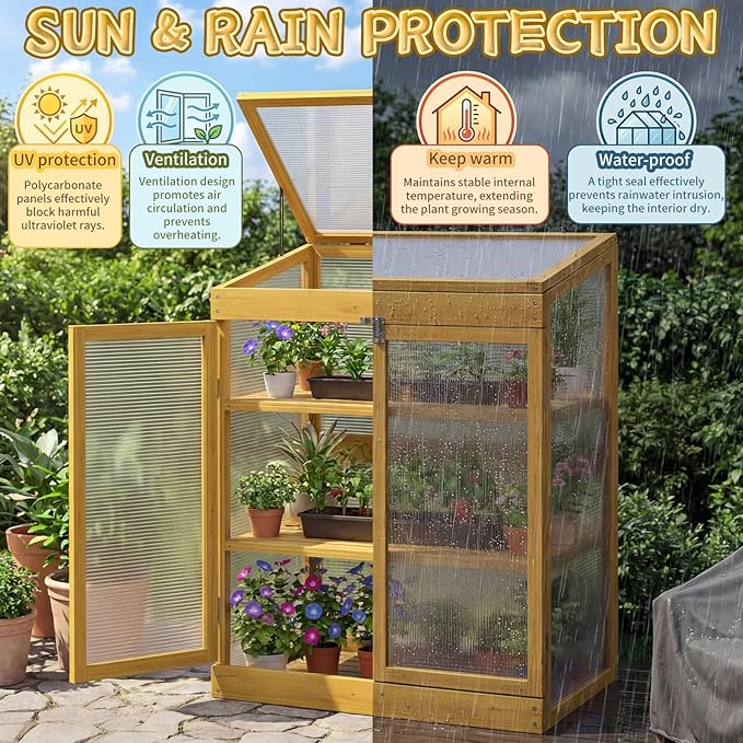 Wooden Cold Frame Greenhouse, Garden Portable Mini Solid Wood Greenhouse Cabinet with Transparent Flip-Top Roof, Raised Flower Plants Shelf Protection for Outdoor Indoor, Natural