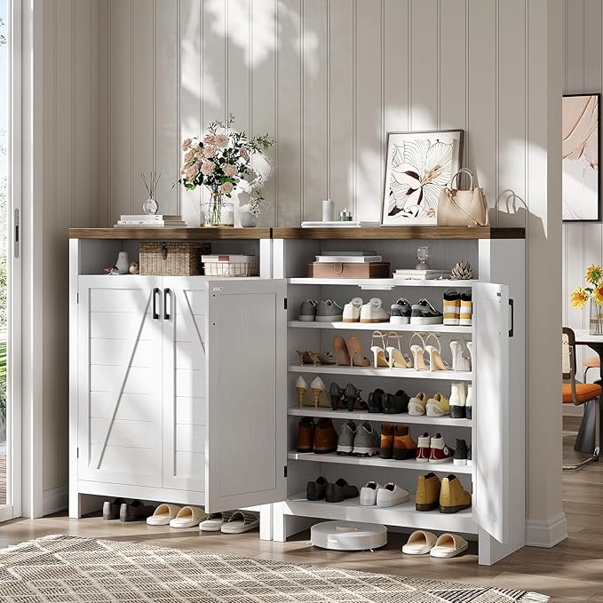 ONBRILL 6-Tier Shoe Cabinet with Doors,Farmhouse Shoe Storage Cabinet,White