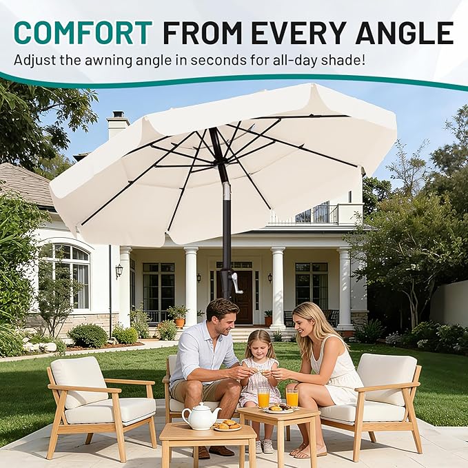 AreShark 9FT 3-Tiers Patio Umbrella with Valance, Outdoor Umbrellas with Crank/Tilt, Table Market Umbrella Vented w/ 8 Sturdy Ribs for Garden, Deck, Backyard, and Pool, Cream White