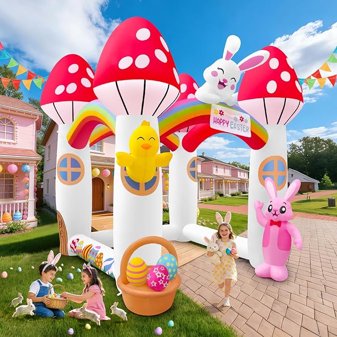 Kalolary 10FT Easter Inflatables Bunny Archway, Stereoscopic Mushroom House Arch Inflatable with Built in LED Lights Blow Up Tunnel Easter Outdoor Yard Decoration for Holiday Party Garden Lawn Decors