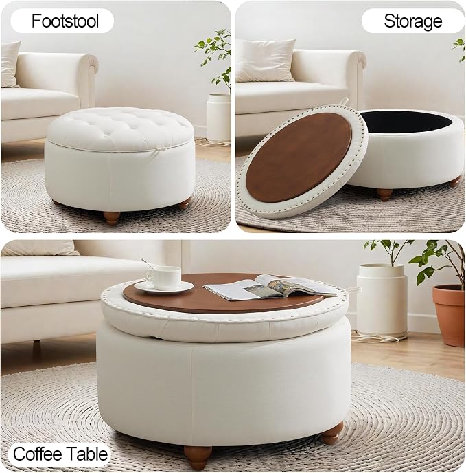 30'' Round Ottoman Coffee Table with Storage, Upholstered Tufted Ottoman with Flip Tray, Solid Wood Legs for Living Room, Bedroom, Beige