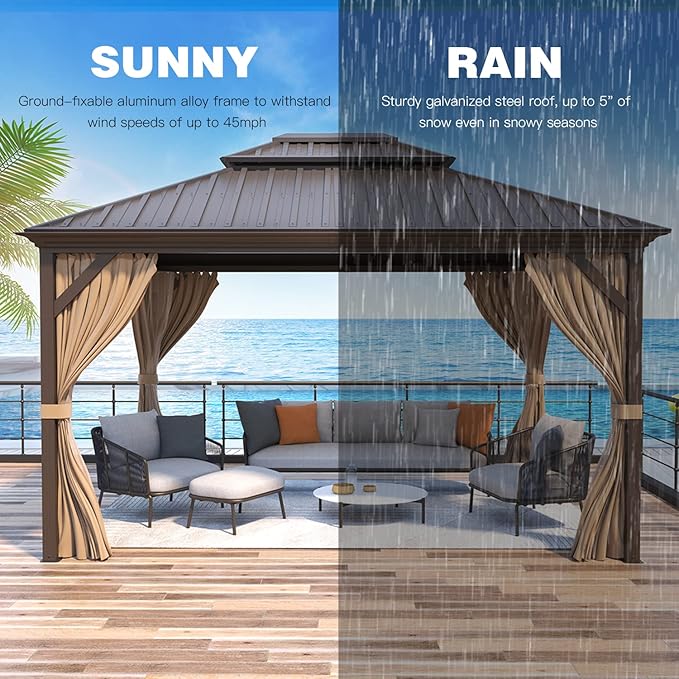 YOLENY 12' x 14' Hardtop Gazebo, Galvanized Steel Metal Double Roof Aluminum Frame Gazebo with Curtain and Netting, Permanent Pavilion Pergola for Outdoor, Patio, Garden, Lawn, Pool Side, Brown