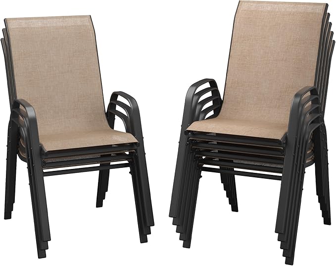 DIFY Patio Chairs Set of 8, Stackable Outdoor Dining Chairs Set with Breathable Textilene High Back and All-Weather Metal Frame for Garden, Backyard, Deck, Brwon