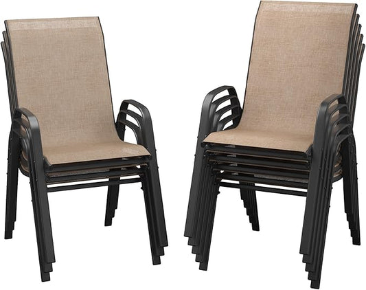 DIFY Patio Chairs Set of 8, Stackable Outdoor Dining Chairs Set with Breathable Textilene High Back and All-Weather Metal Frame for Garden, Backyard, Deck, Brwon
